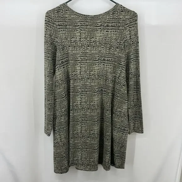 PACT Size S Organic Cotton Swing Dress Long Sleeve Pockets Olive Green Abstract - Picture 3 of 4